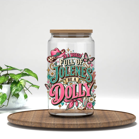 Be a Dolly western UV DTF transfer on a clear glass can with a bamboo lid