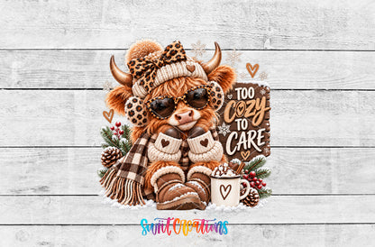 Too Cozy To Care highland cow UV DTF transfer artwork on a white wood background