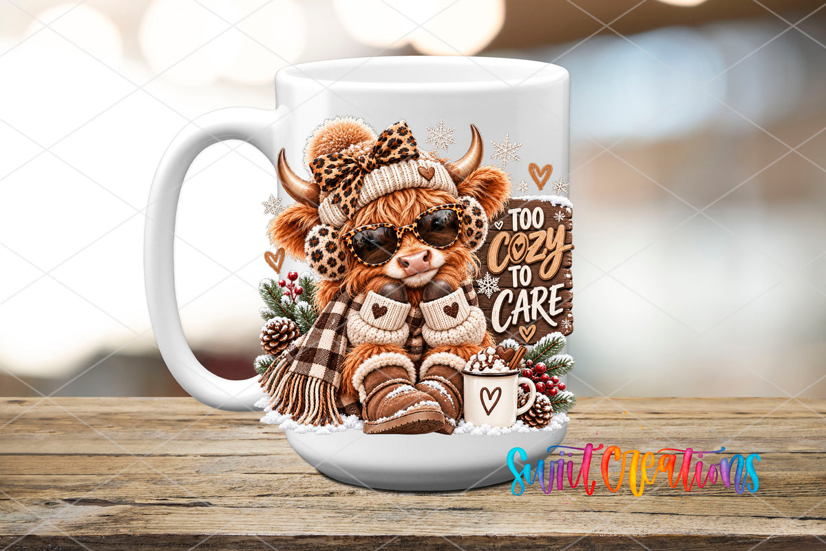 Too Cozy To Care highland cow UV DTF transfer on a white ceramic coffee mug