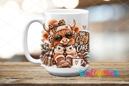 Too Cozy To Care highland cow UV DTF transfer on a white ceramic coffee mug