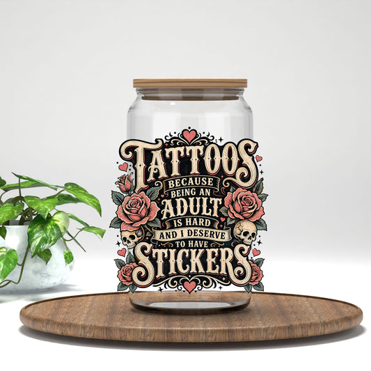 Tattoos adult stickers UV DTF transfer on a clear glass can with a bamboo lid