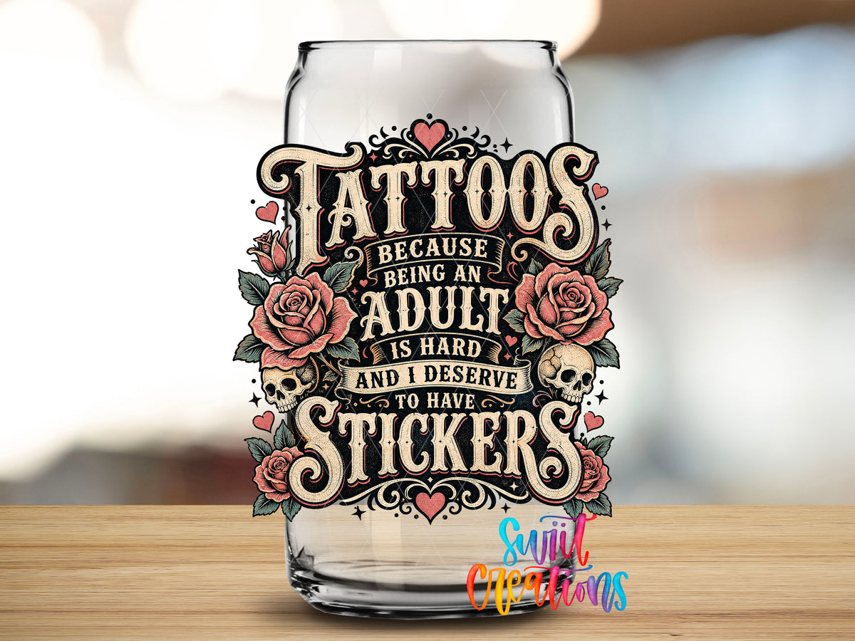 Close-up of the Tattoos adult stickers UV DTF transfer on a clear glass can