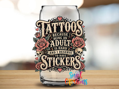 Close-up of the Tattoos adult stickers UV DTF transfer on a clear glass can