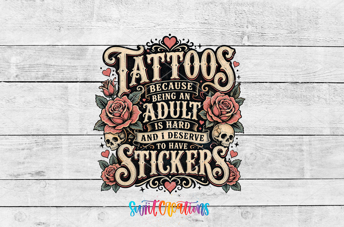 Tattoos adult stickers UV DTF transfer artwork on a white wood background