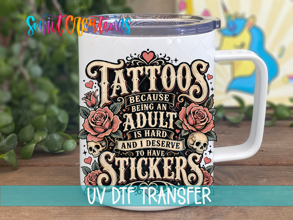 Tattoos adult stickers UV DTF transfer on a white stainless steel mug with a lid