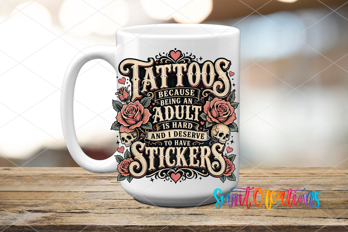 Tattoos adult stickers UV DTF transfer on a white ceramic coffee mug