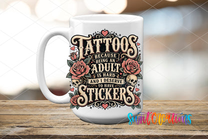 Tattoos adult stickers UV DTF transfer on a white ceramic coffee mug