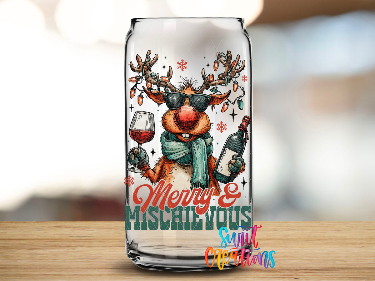 Close-up of the Merry and Mischievous reindeer UV DTF transfer on a clear glass can