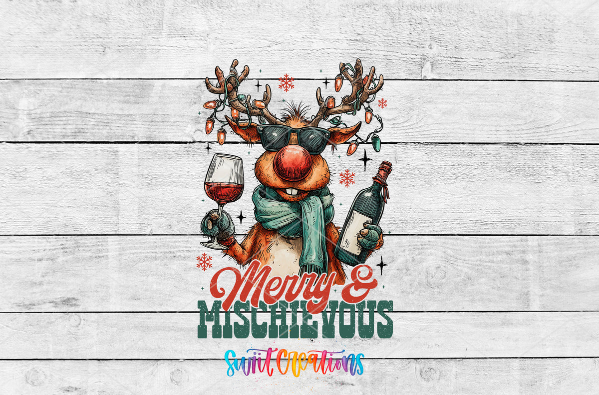 Merry and Mischievous reindeer UV DTF transfer artwork on a white wood background
