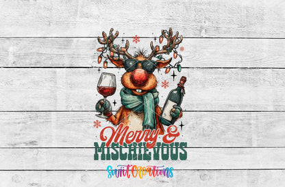 Merry and Mischievous reindeer UV DTF transfer artwork on a white wood background