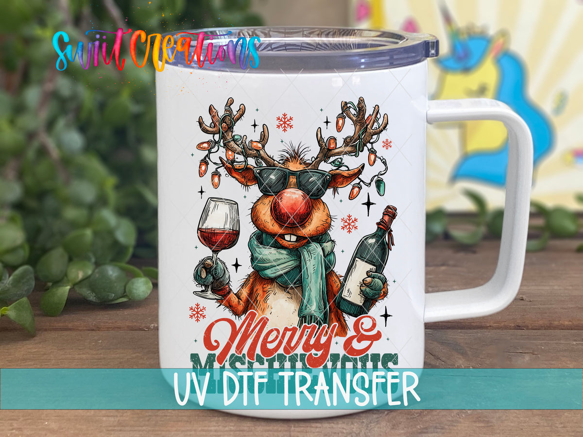 Merry and Mischievous reindeer UV DTF transfer on a white stainless steel mug with a lid