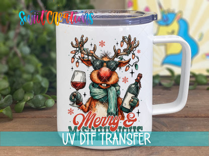 Merry and Mischievous reindeer UV DTF transfer on a white stainless steel mug with a lid