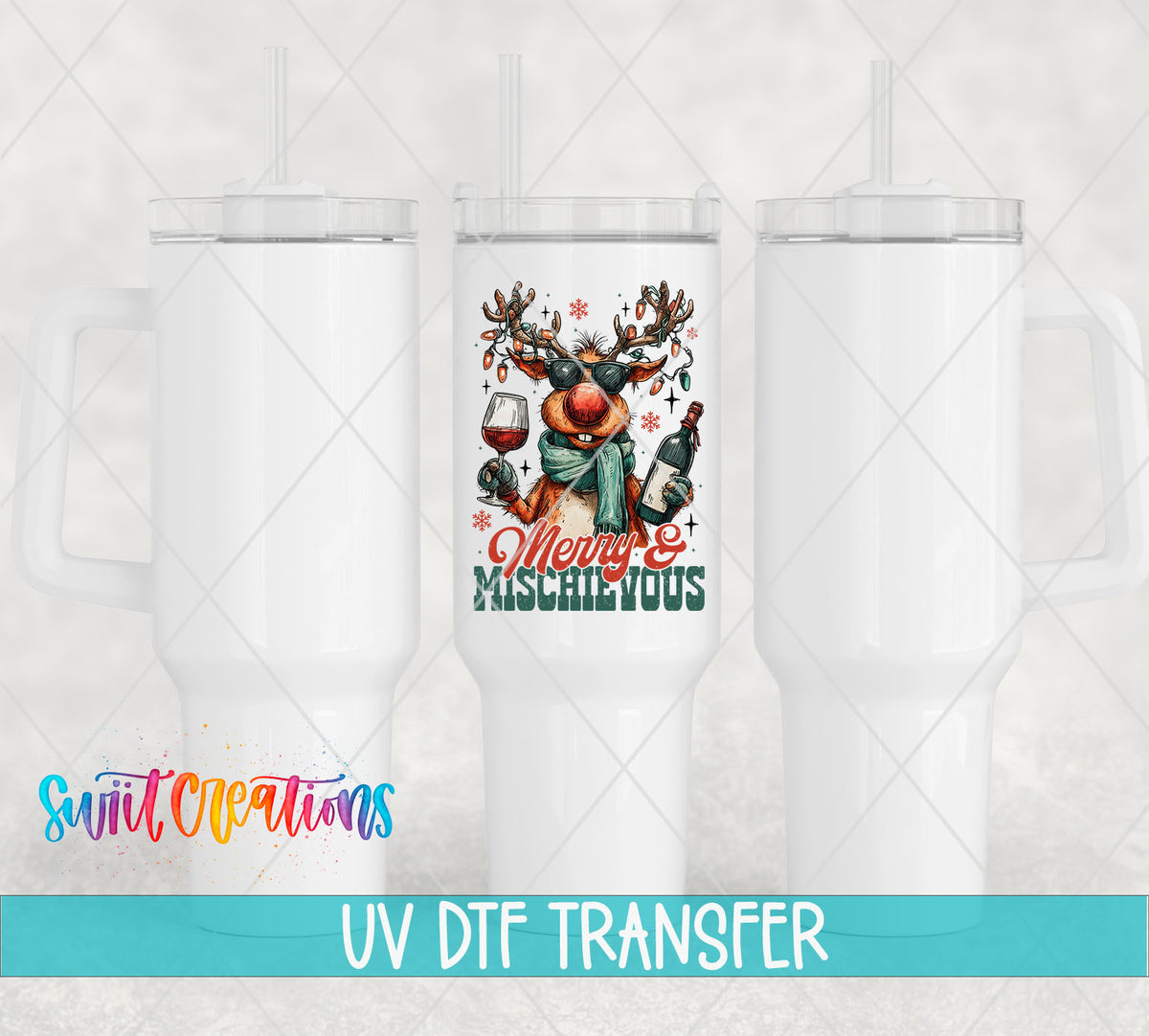 Merry and Mischievous reindeer UV DTF transfer on white 40 oz tumblers