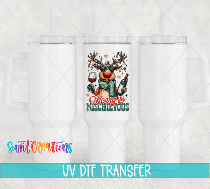 Merry and Mischievous reindeer UV DTF transfer on white 40 oz tumblers