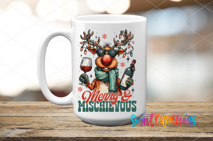 Merry and Mischievous reindeer UV DTF transfer on a white ceramic coffee mug