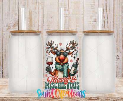 Merry and Mischievous reindeer UV DTF transfer on frosted glass cans with bamboo lids