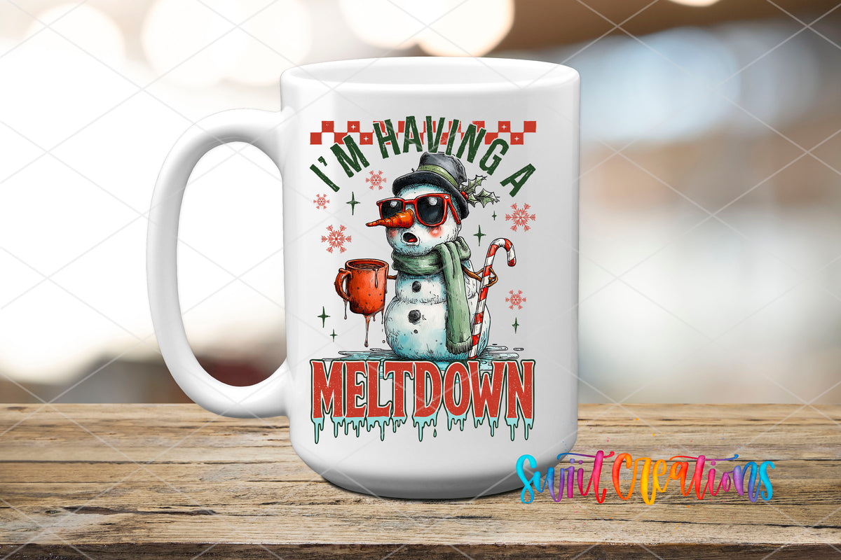 I'm Having A Meltdown snowman UV DTF transfer on a white ceramic coffee mug