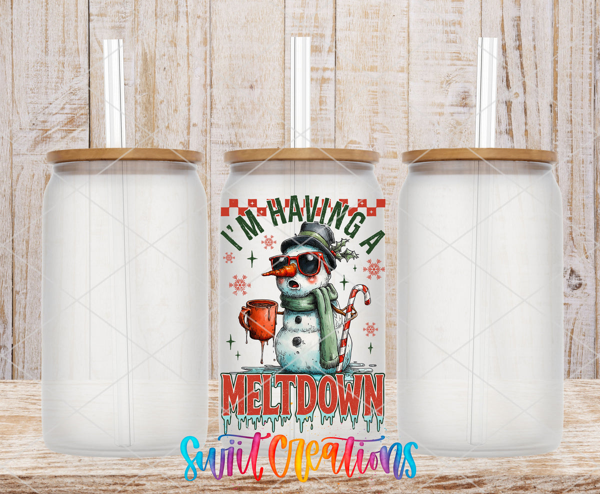 I'm Having A Meltdown snowman UV DTF transfer on frosted glass cans with bamboo lids