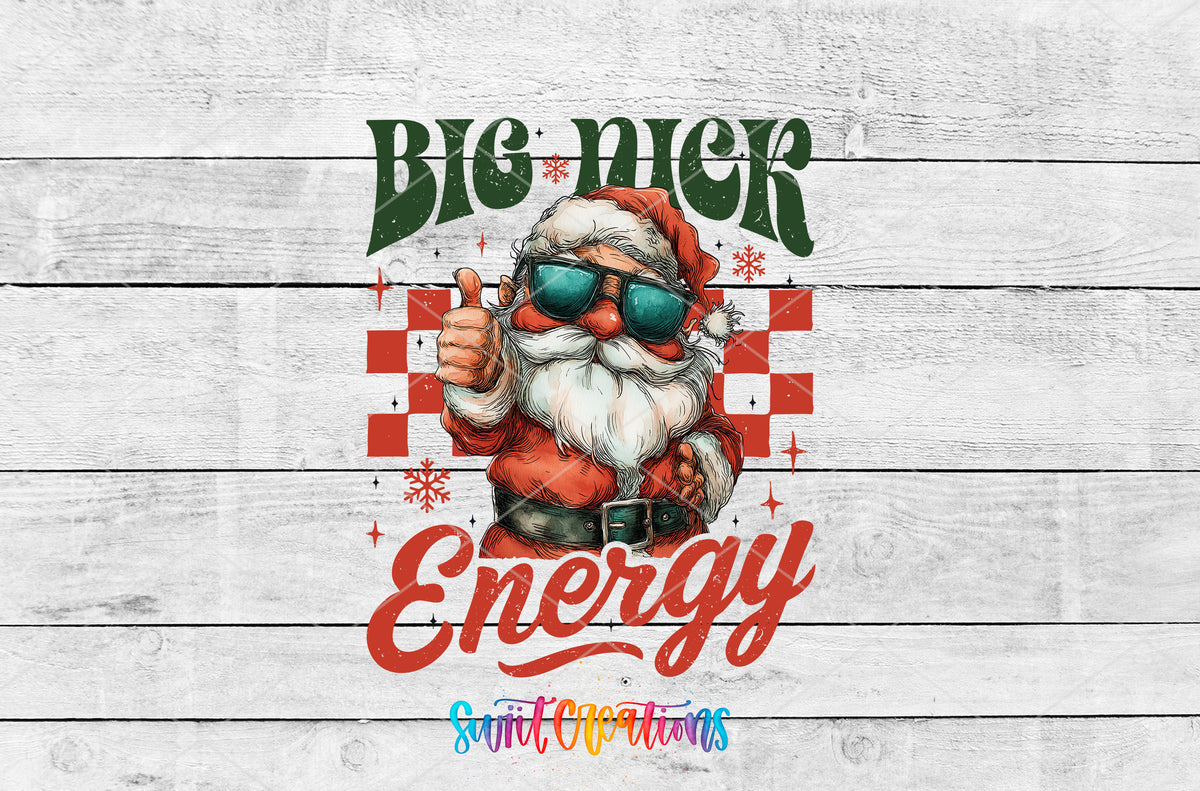 Big Nick Energy Santa UV DTF transfer artwork on a white wood background