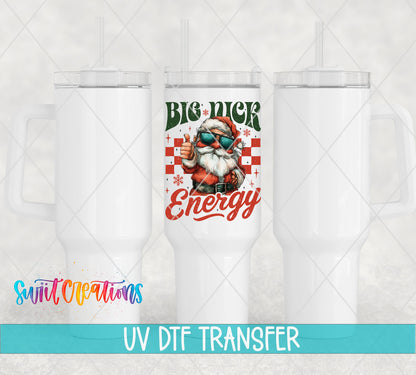 Big Nick Energy Santa UV DTF transfer on white 40 oz tumblers