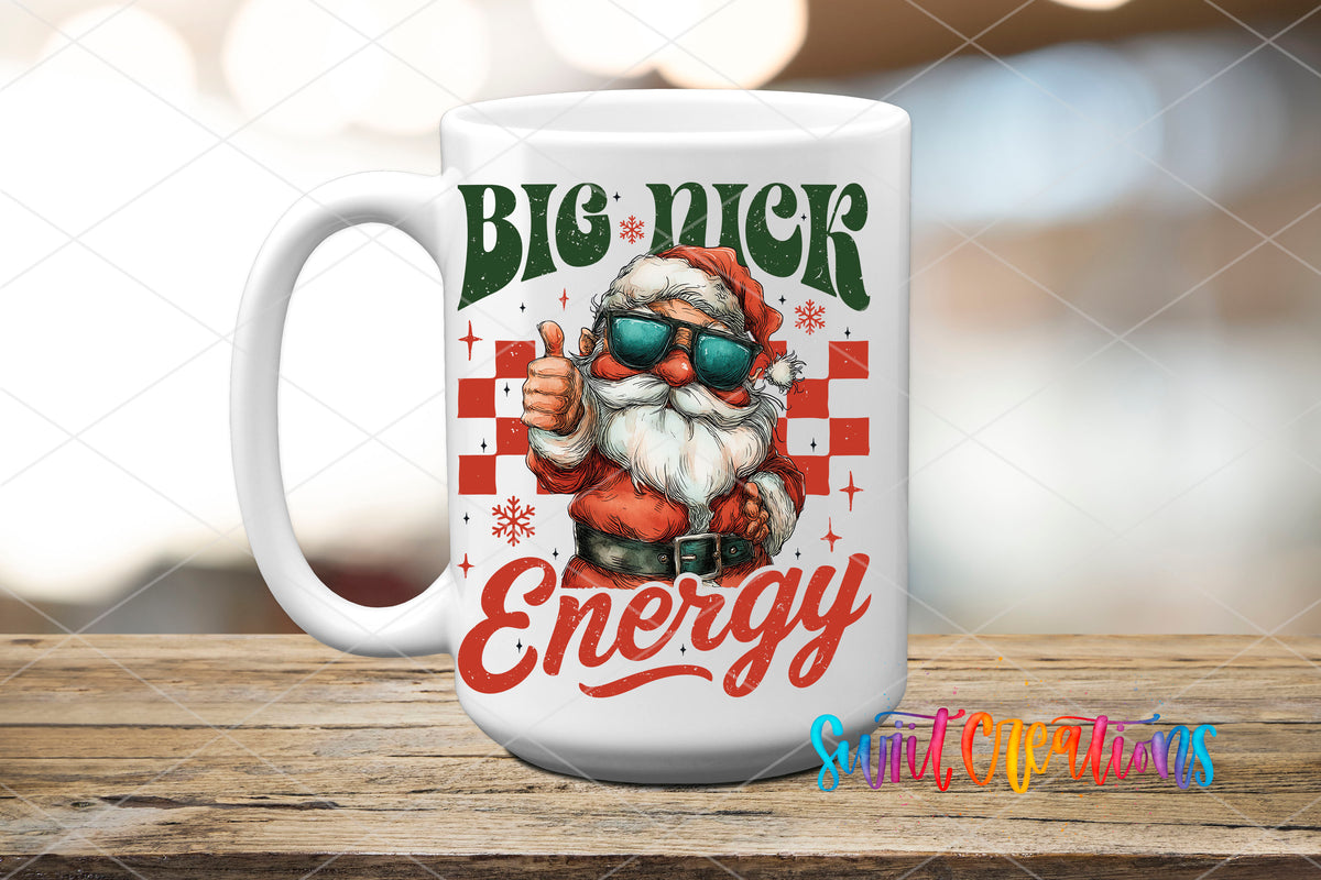 Big Nick Energy Santa UV DTF transfer on a white ceramic coffee mug