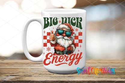 Big Nick Energy Santa UV DTF transfer on a white ceramic coffee mug