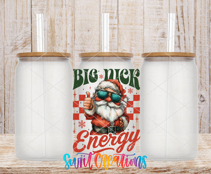 Big Nick Energy Santa UV DTF transfer on frosted glass cans with bamboo lids