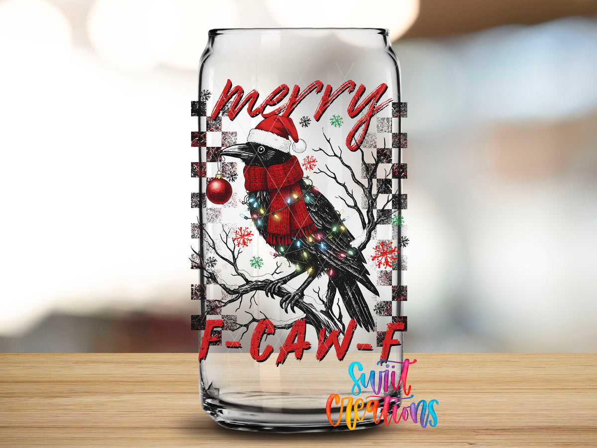 Close-up of the Merry F-CAW-F crow UV DTF transfer on a clear glass can