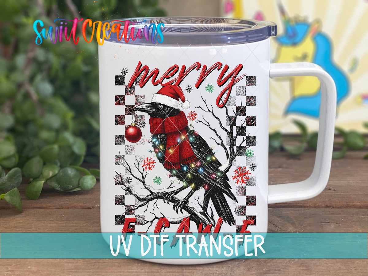 Merry F-CAW-F crow UV DTF transfer on a white stainless steel mug