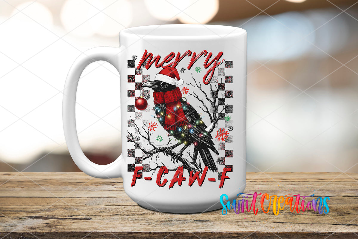 Merry F-CAW-F crow UV DTF transfer on a white ceramic coffee mug