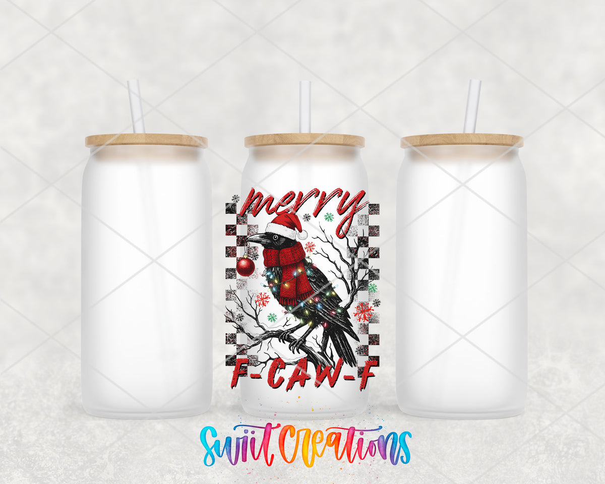 Merry F-CAW-F crow UV DTF transfer on three frosted glass cans on a white background