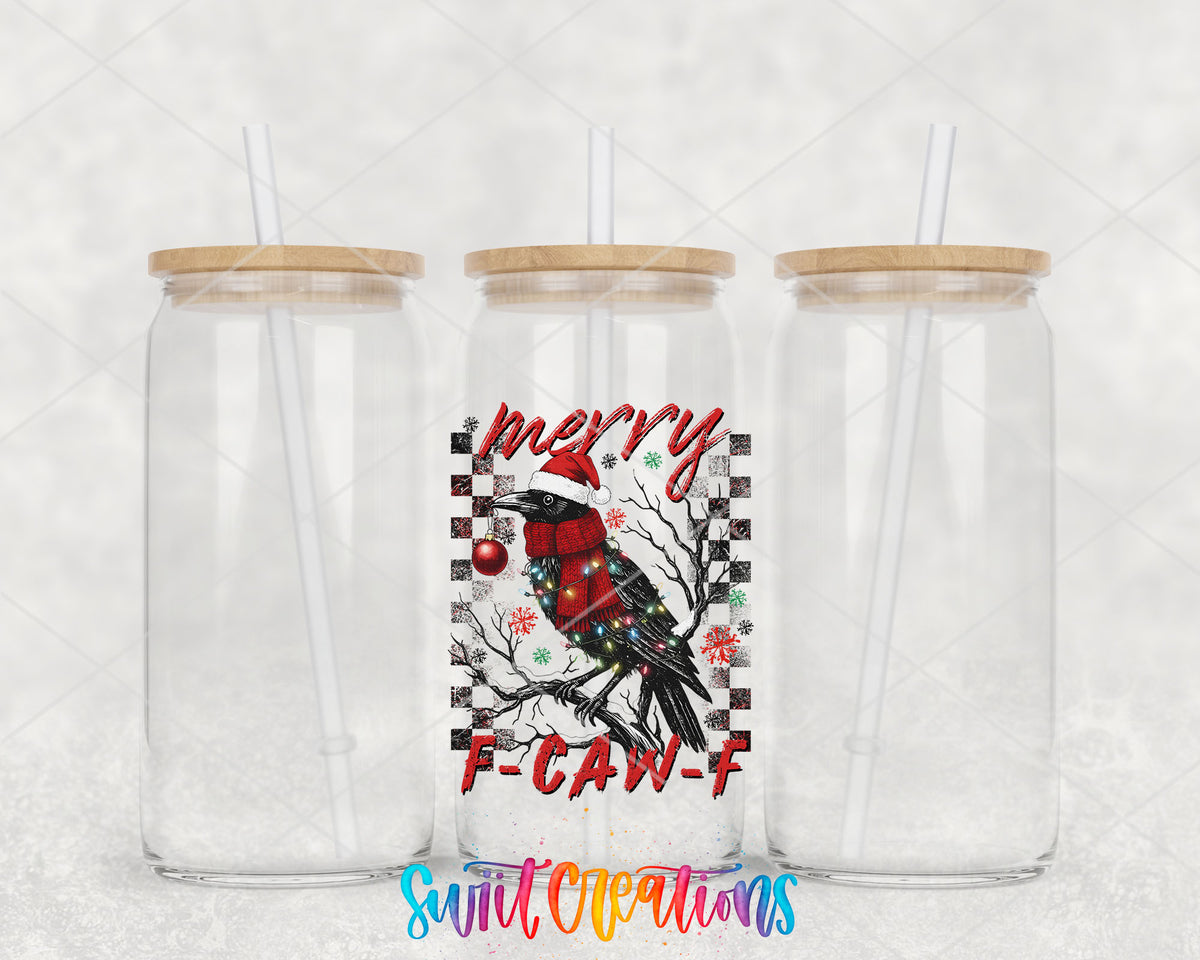 Merry F-CAW-F crow UV DTF transfer on three clear glass cans
