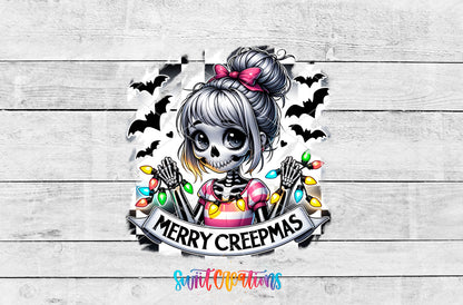 Merry Creepmas skeleton girl UV DTF transfer artwork on a white wood background