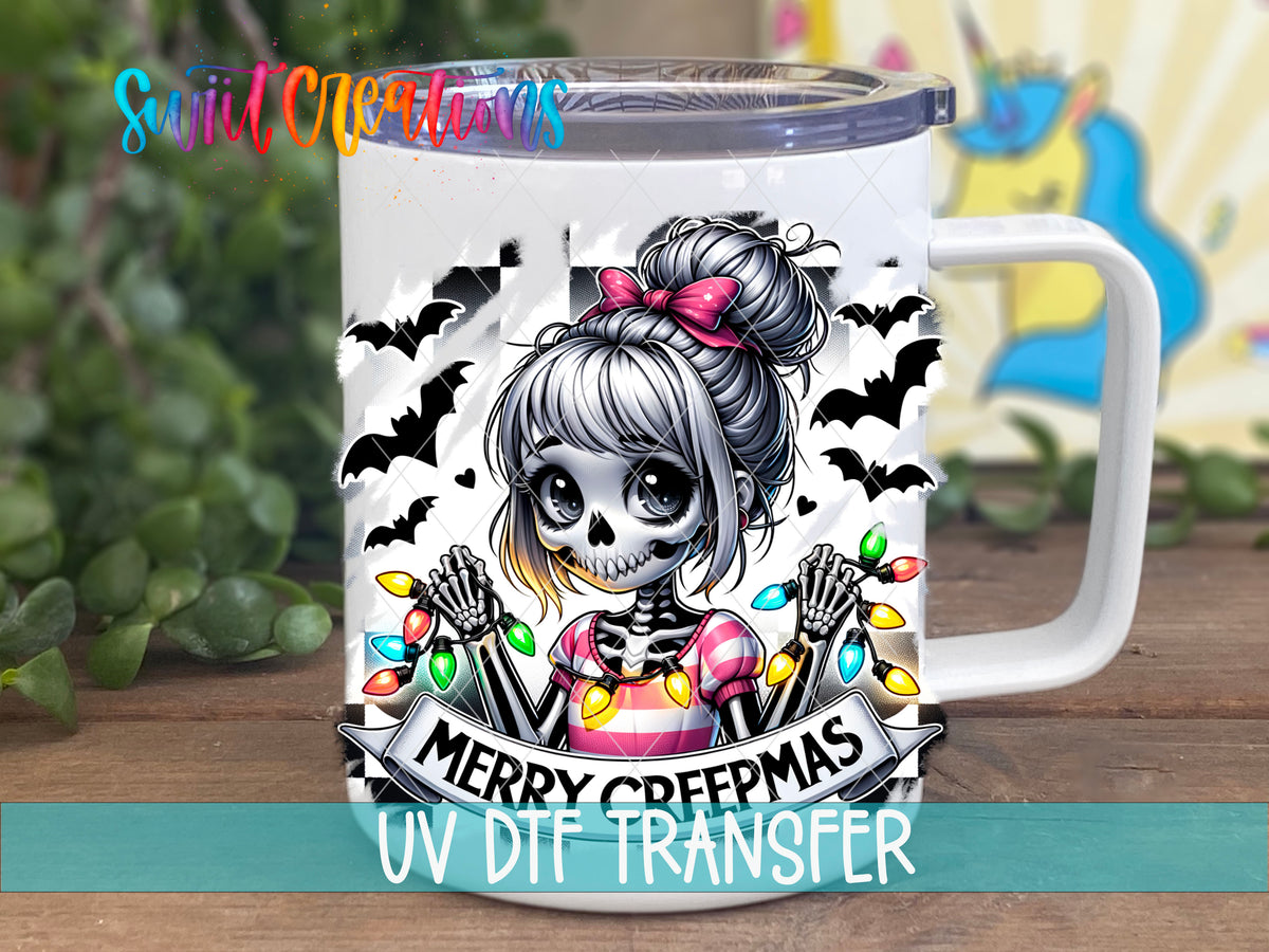 Merry Creepmas skeleton girl UV DTF transfer on a white stainless steel mug