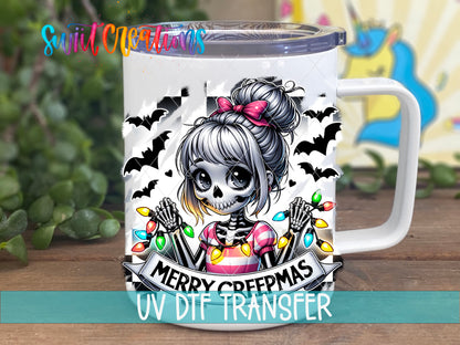 Merry Creepmas skeleton girl UV DTF transfer on a white stainless steel mug