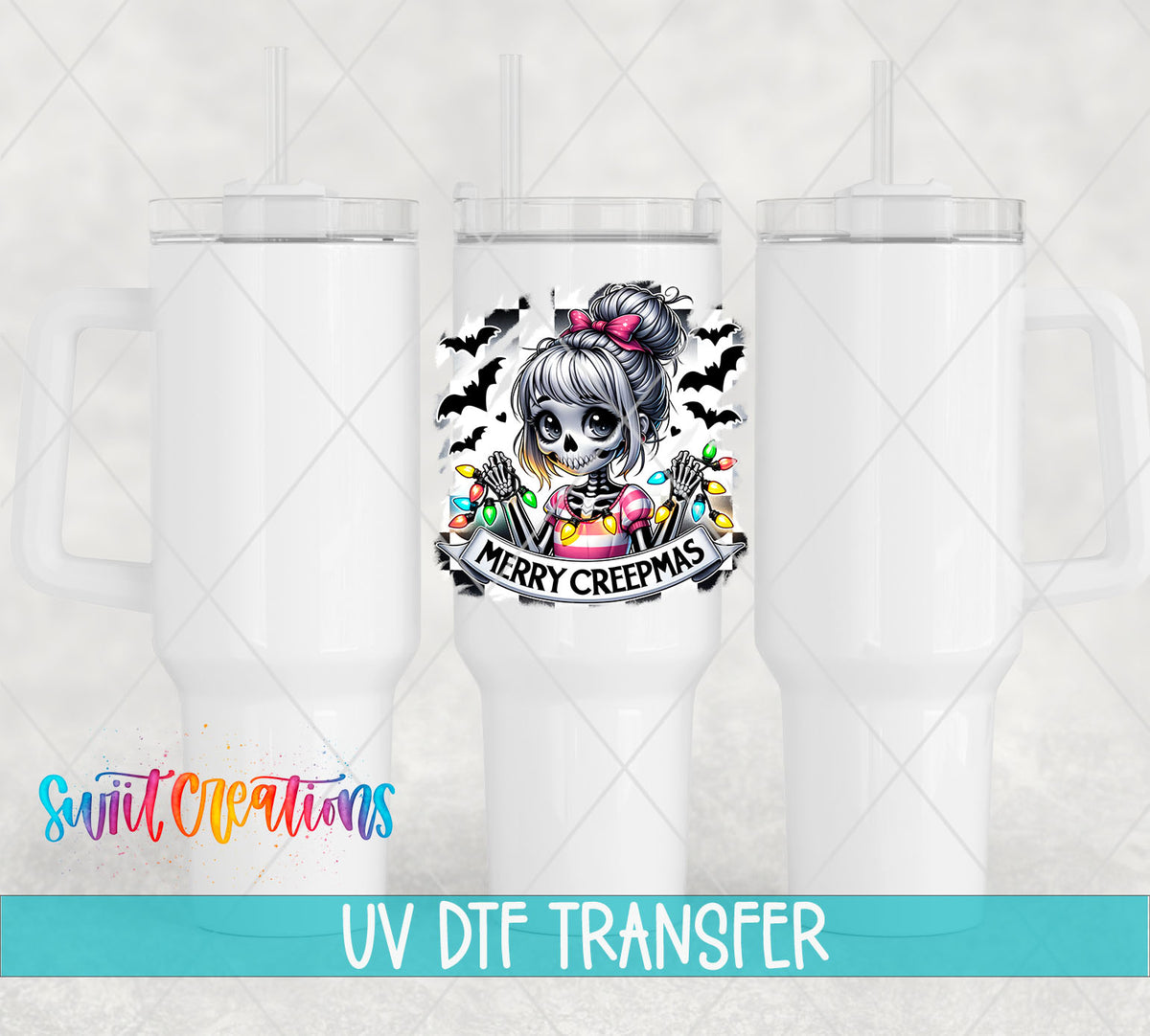 Merry Creepmas skeleton girl UV DTF transfer on white 40 oz tumblers