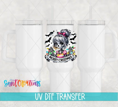 Merry Creepmas skeleton girl UV DTF transfer on white 40 oz tumblers