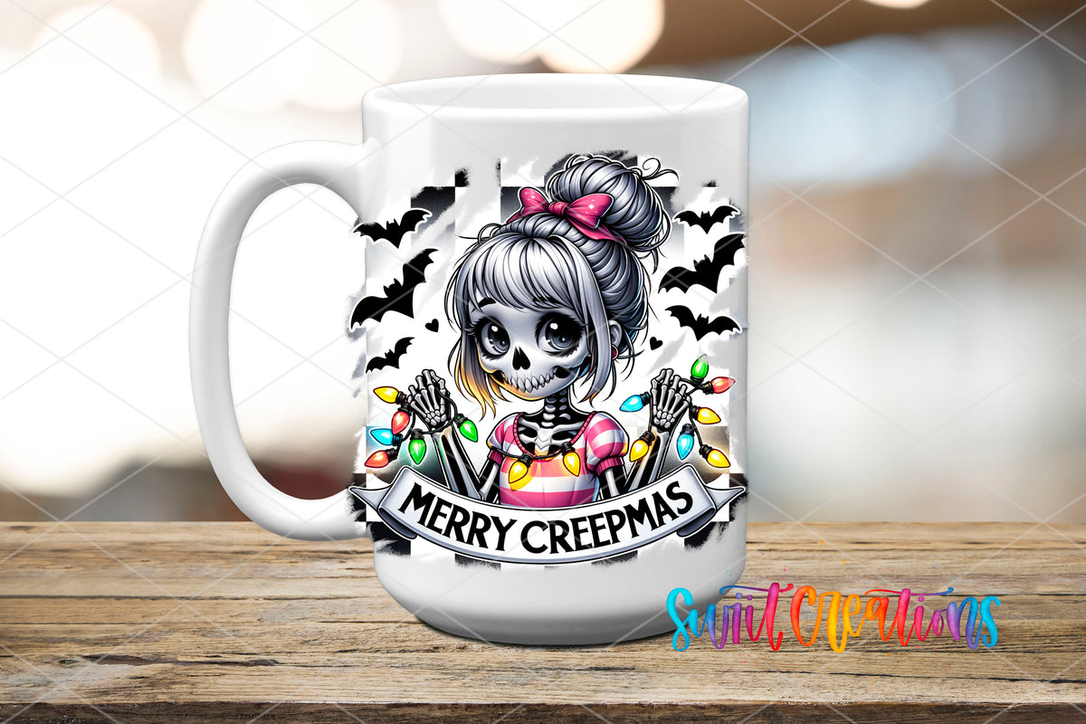 Merry Creepmas skeleton girl UV DTF transfer on a white ceramic coffee mug