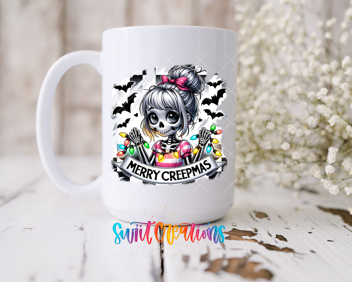 Merry Creepmas skeleton girl UV DTF transfer on a 15 oz white ceramic mug