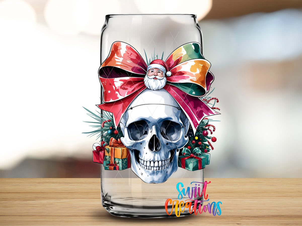 Close-up of the Christmas Croquette Skull UV DTF transfer on a clear glass can