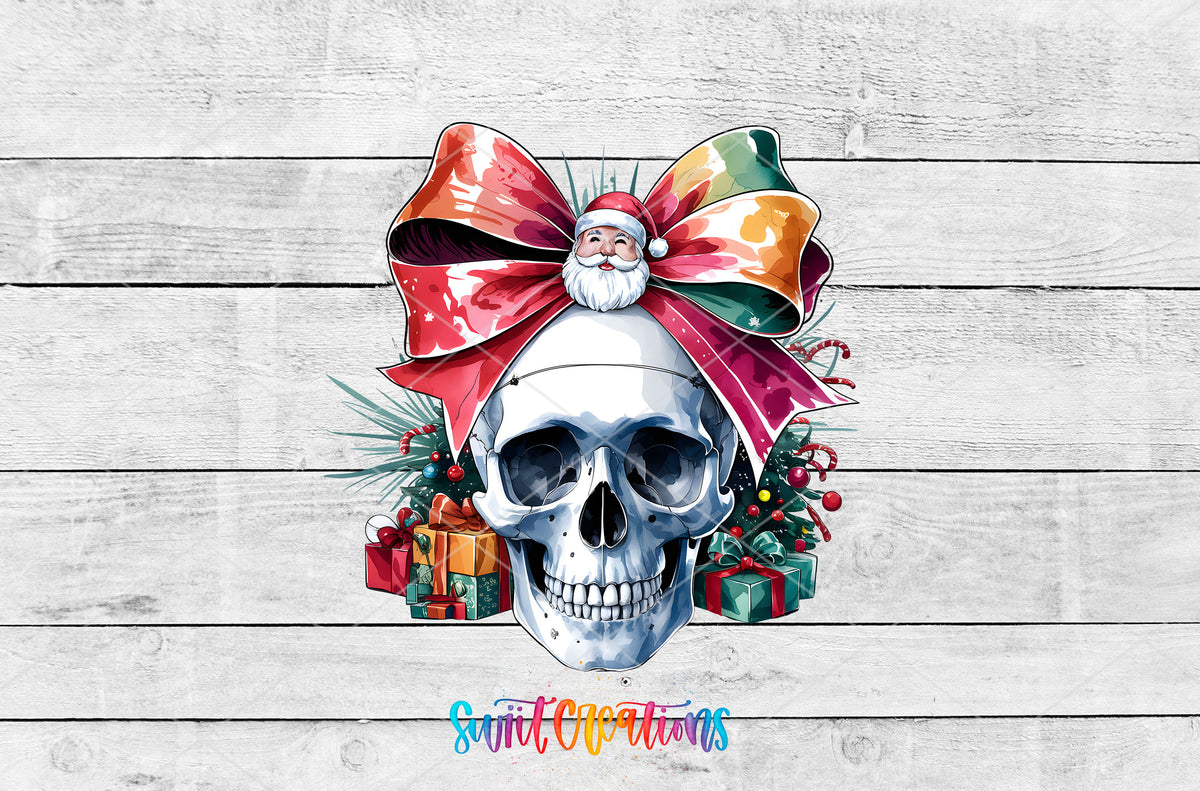 Christmas Croquette Skull UV DTF transfer artwork on a white wood background