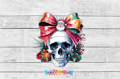 Christmas Croquette Skull UV DTF transfer artwork on a white wood background