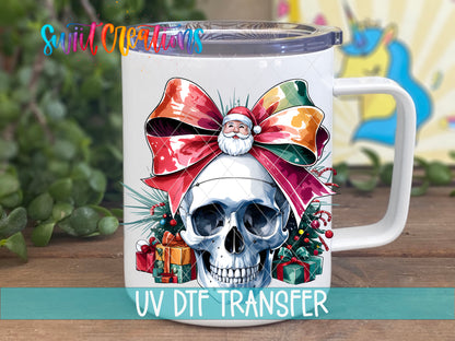 Christmas Croquette Skull UV DTF transfer on a white stainless steel mug