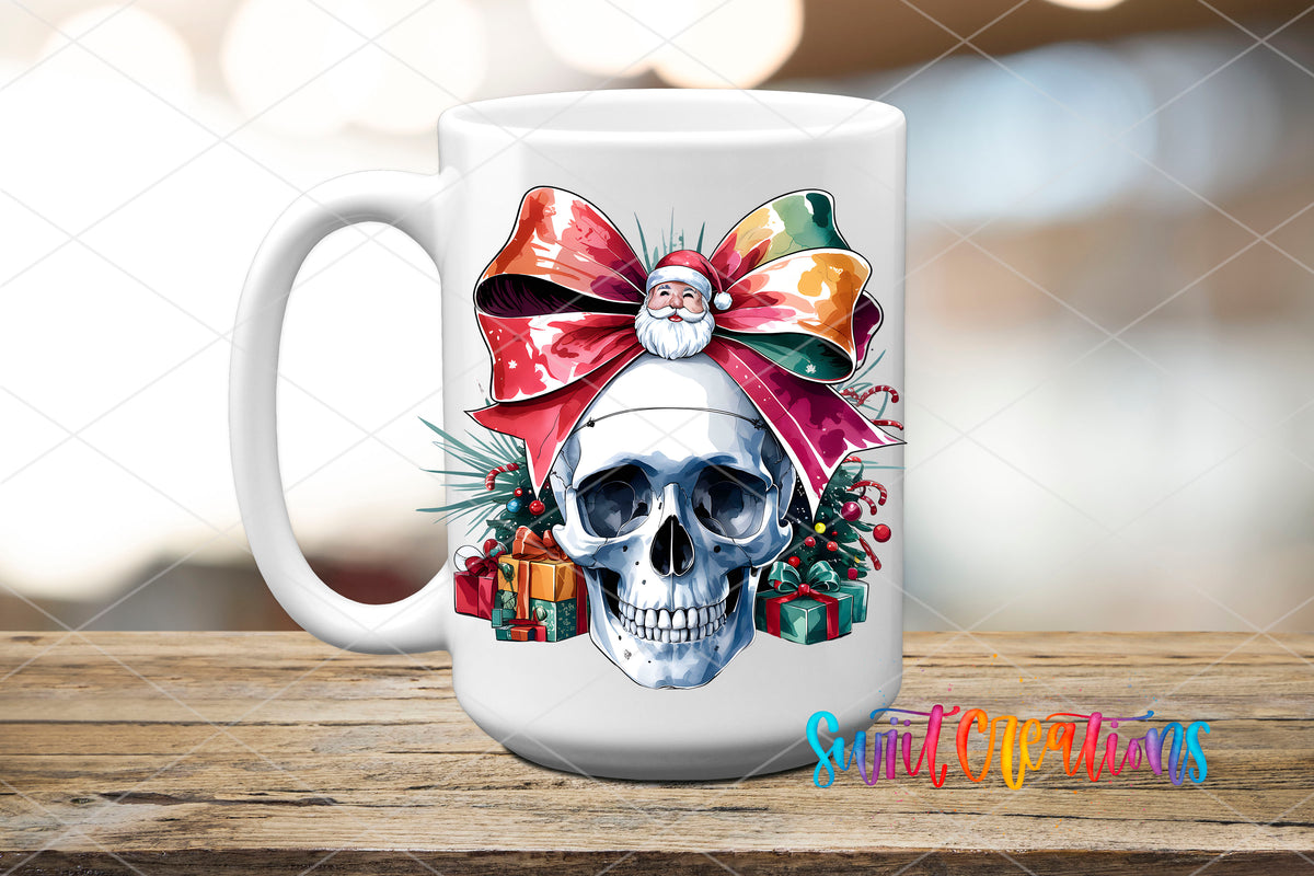 Christmas Croquette Skull UV DTF transfer on a white ceramic coffee mug