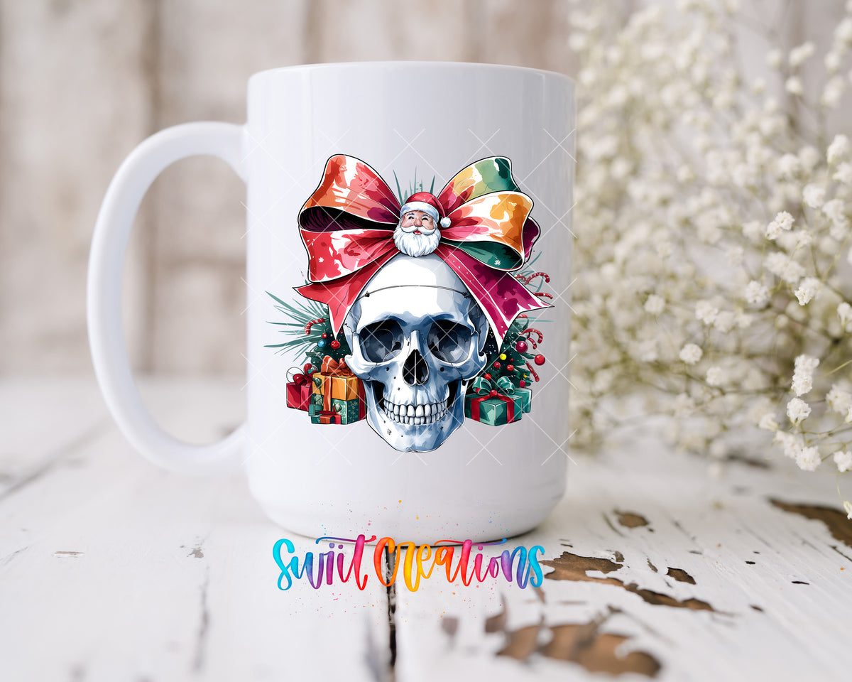 Christmas Croquette Skull UV DTF transfer on a 15 oz white ceramic mug