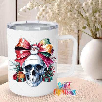Christmas Croquette Skull UV DTF transfer on a 12 oz white stainless steel mug