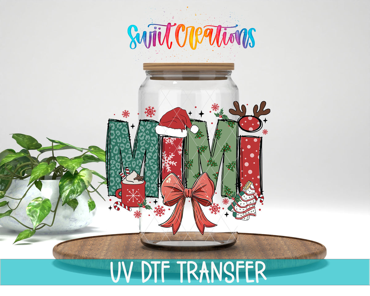 Mimi Christmas UV DTF transfer on a clear glass can with a teal UV DTF Transfer banner