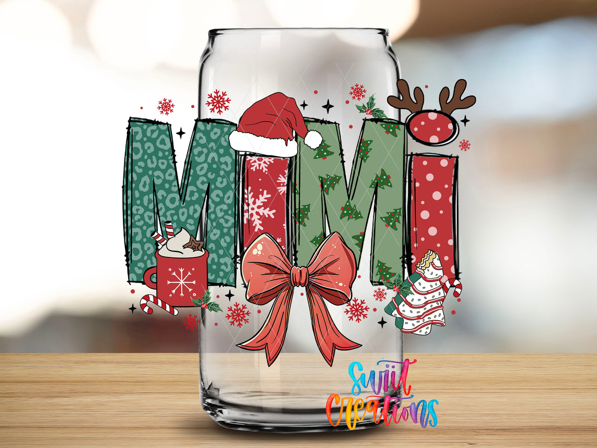 Close-up of the Mimi Christmas UV DTF transfer on a clear glass can