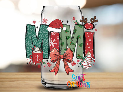 Close-up of the Mimi Christmas UV DTF transfer on a clear glass can