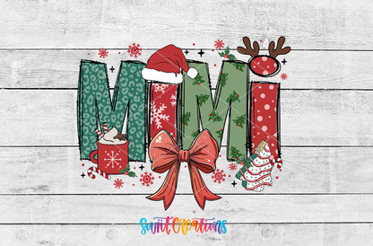 Mimi Christmas UV DTF transfer artwork on a white wood background
